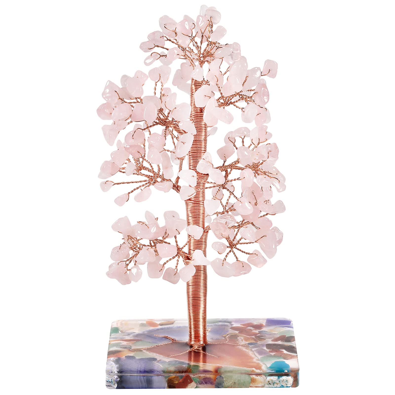 Nupuyai Rose Quartz Healing Crystal Money Tree for Home Office Decor, Chip Stones Tree Good Luck Fengshui Ornaments Colourful Resin Base with Gift Box