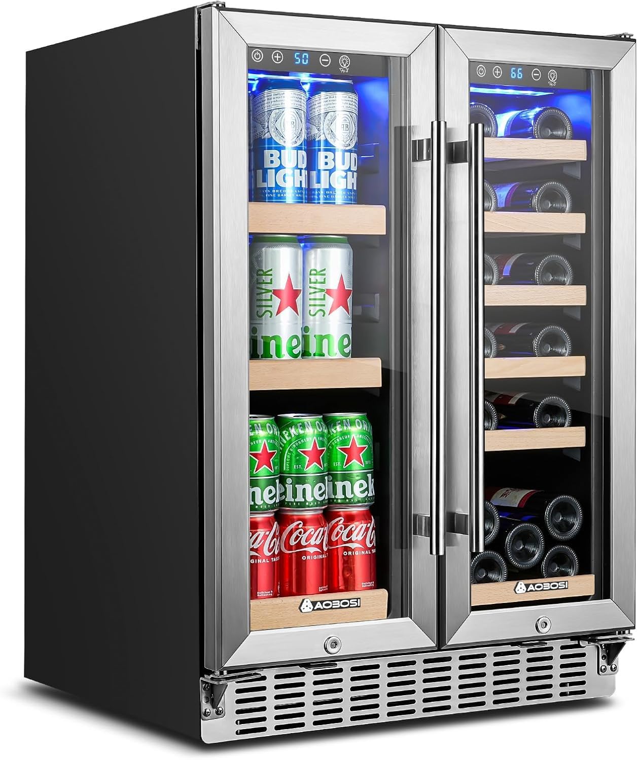 AAOBOSI 24 Inch Dual Zone Wine and Beverage Cooler,19 Bottles & 88 Cans Upgraded Wine Fridge,Built-in and Freestanding,Removable Fashion Wooden Frame,Intelligent Digital Temperatrue Control,Low Noise