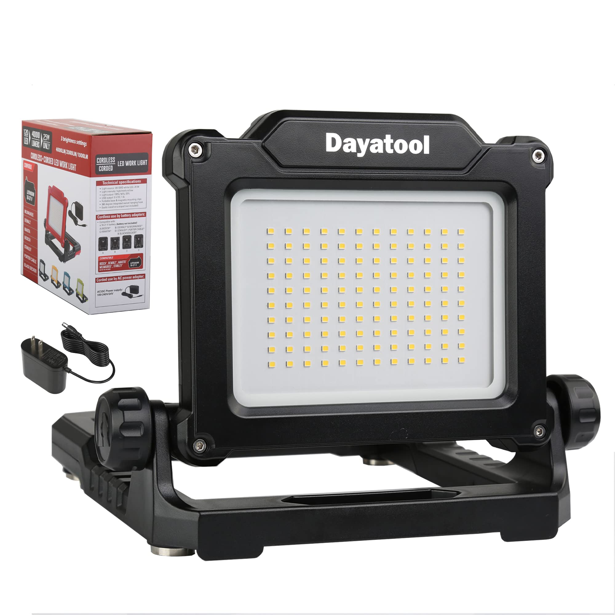 Photo 1 of DAYATOOL Cordless 25W 4000lm LED Magnetic Work Light Compatible for Makita, Dewalt, Milwaukee, Bosch, Black and Decker, Porter Cable, Stanley 18-20V Battery, Black (AC Power Adapter Included)