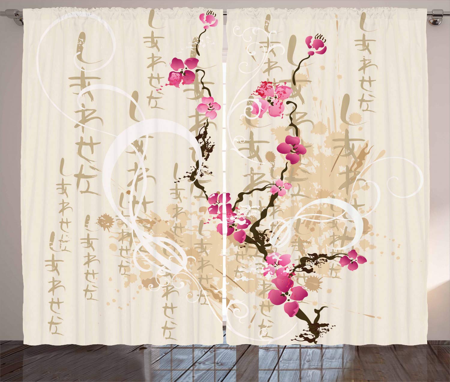 ABAKUHAUS Cherry Blossom Curtains, Painting Style Japanese Sakura Tree on Grungy Background with Inscription, Living Room Bedroom Window Drapes 2 Panel Set, 89 L X 110 W, Multicolor