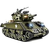 Supdex 1/18 RC Tank, 2.4G US M4A3 Sherman Remote Control Tank that Shoot BBS with Smoke, Sound and Lights, 165ft Remote Control Army Model Toy, Military All-Terrain Vehicle for 8 yesrs Old
