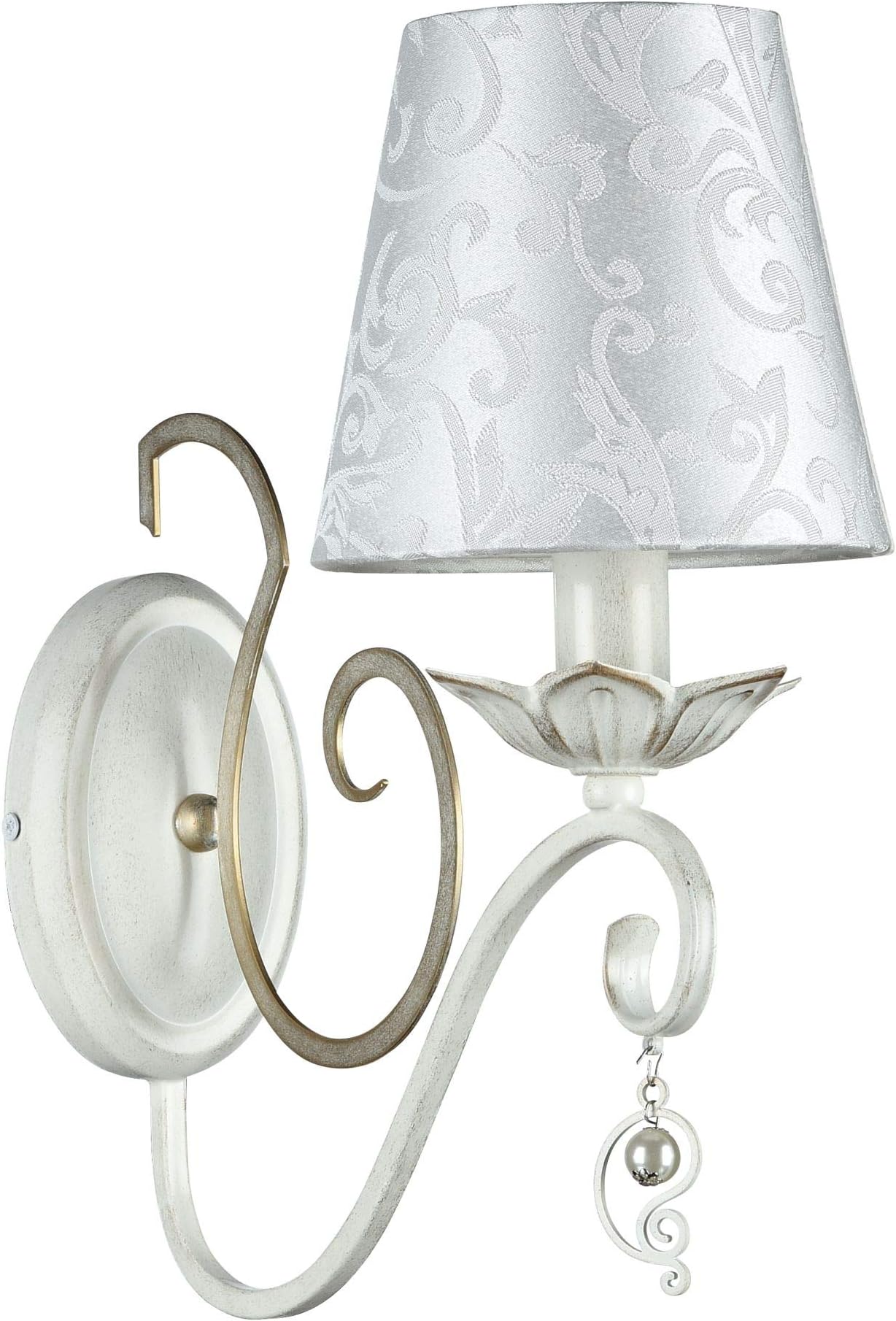 Elegant Wall Light, Sconce, Metal White and Gold Frame, White Fabric lamp Shade, Pearl Drop, Neoclassical, Shabby Chic, Vintage Design, 1 Bulb E14 40 W, 220–240 V not incl