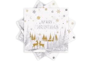 Quera 50 Pack Christmas Paper Napkins 6.5'' x 6.5'' Silver Foil Snowflake Disposable Napkins White Beverage Napkins Merry Christmas Elk for Winter Dinner Holiday Lunch Xmas New Year Party Supplies