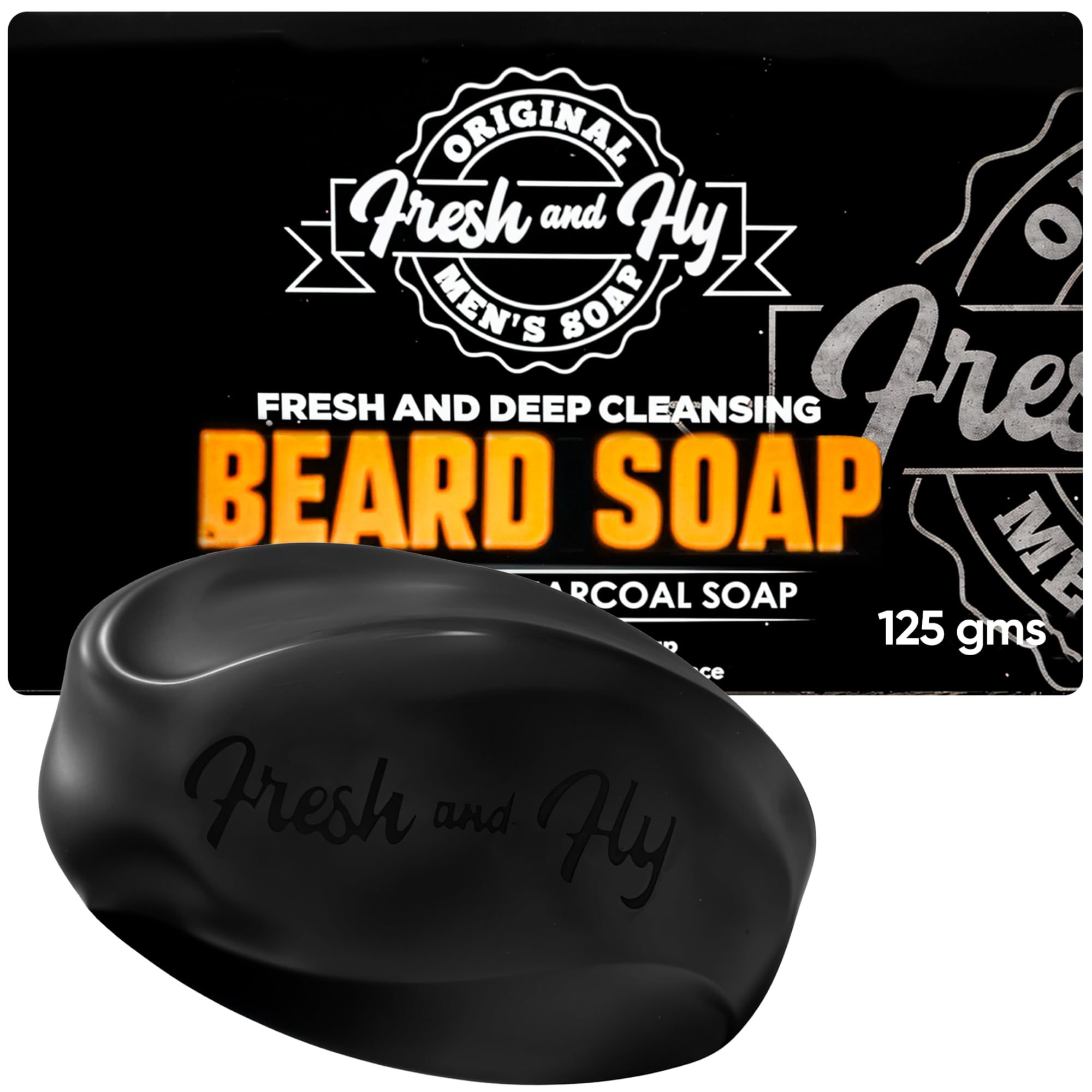 Fresh and Fly Charcoal Beard Soap – Deep Cleansing with Tea Tree, Coconut & Aloe Vera for a Healthy, Soft Beard, 100% Organic, TFM 76% (Citrus)