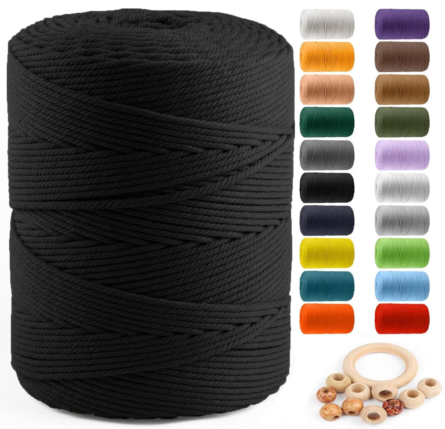 Macrame Cotton Cord 4mm x 547yds, ZUEXT Natural Handmade Black Braided ...