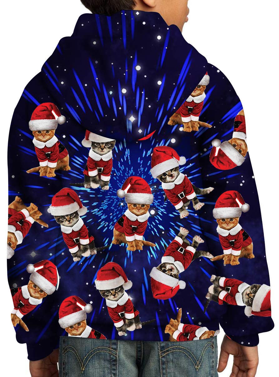 UNICOMIDEA 8-10T Kids Hoodies Ugly Christmas Sweatshirt Cute Printed Christams Cat Digital Pattern Jackets for Boys Winter Tops with Big Pocket,Blue,Size XL