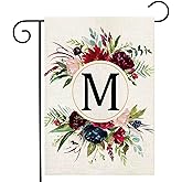 Monogram Letter M Garden Flags, Summer Garden Flag 12x18 Double Sided Floral Yard Flags Small Burlap Family Last Name Initial Garden Flag for Outside Decorations(M)