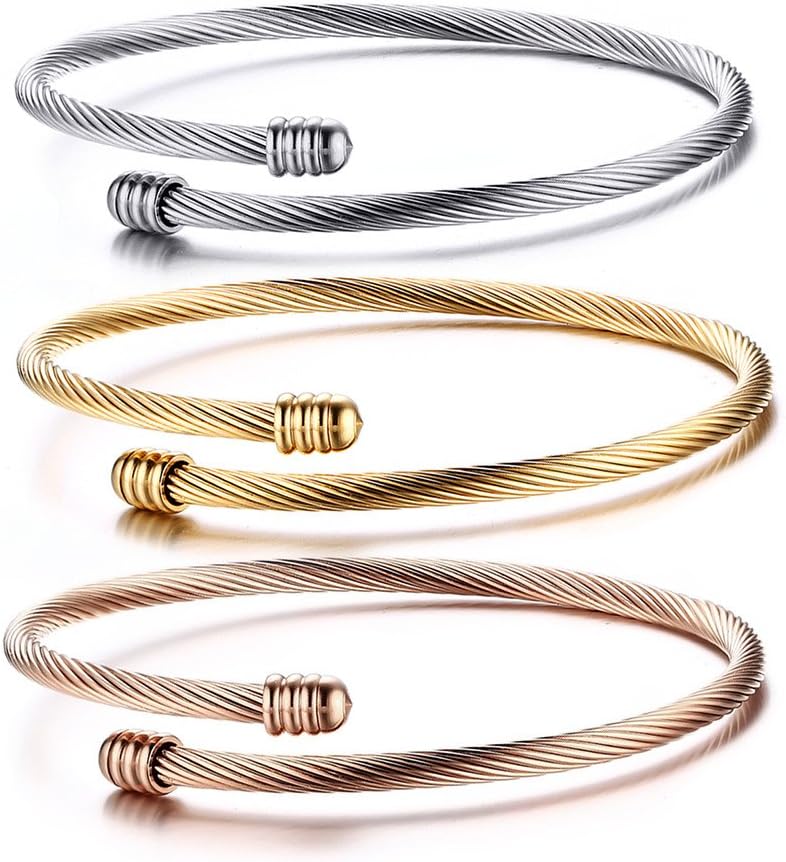 Stainless Steel Triple Three Stackable Cable Wire Twisted Cuff Bangle Bracelet for Women, Gold/rose gold/silver