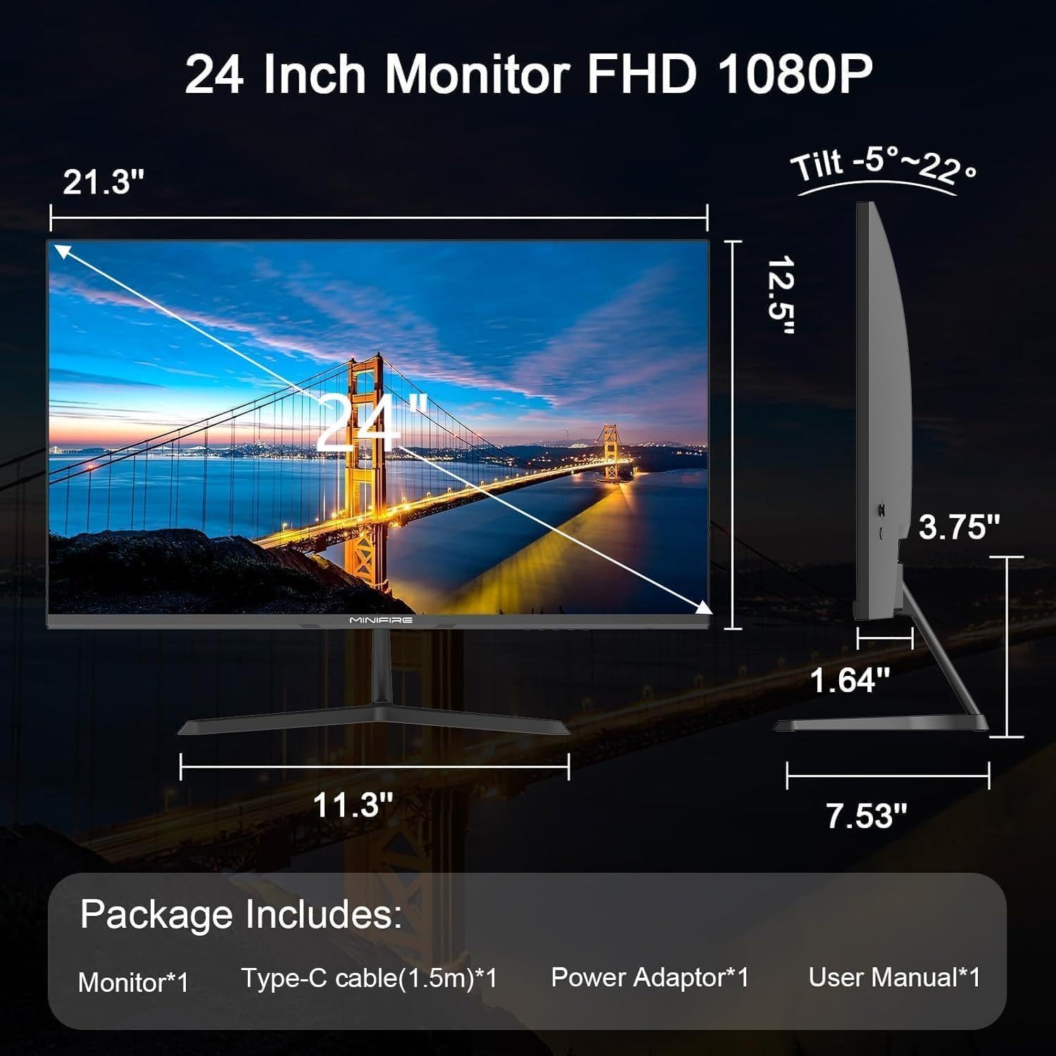 Minifire 24-Inch Business Monitor, 1920X1080 Full Hd, 100Hz, Fast Va Flat Panel, 4000:1 High Contrast Ratio Pc Screen, 75% Dci-P3, Hdr, 8 Bits, Usb-C&Amp;Hdmi 1.4, Vesa 75X75Mm (Mf24X3Al) - View 8