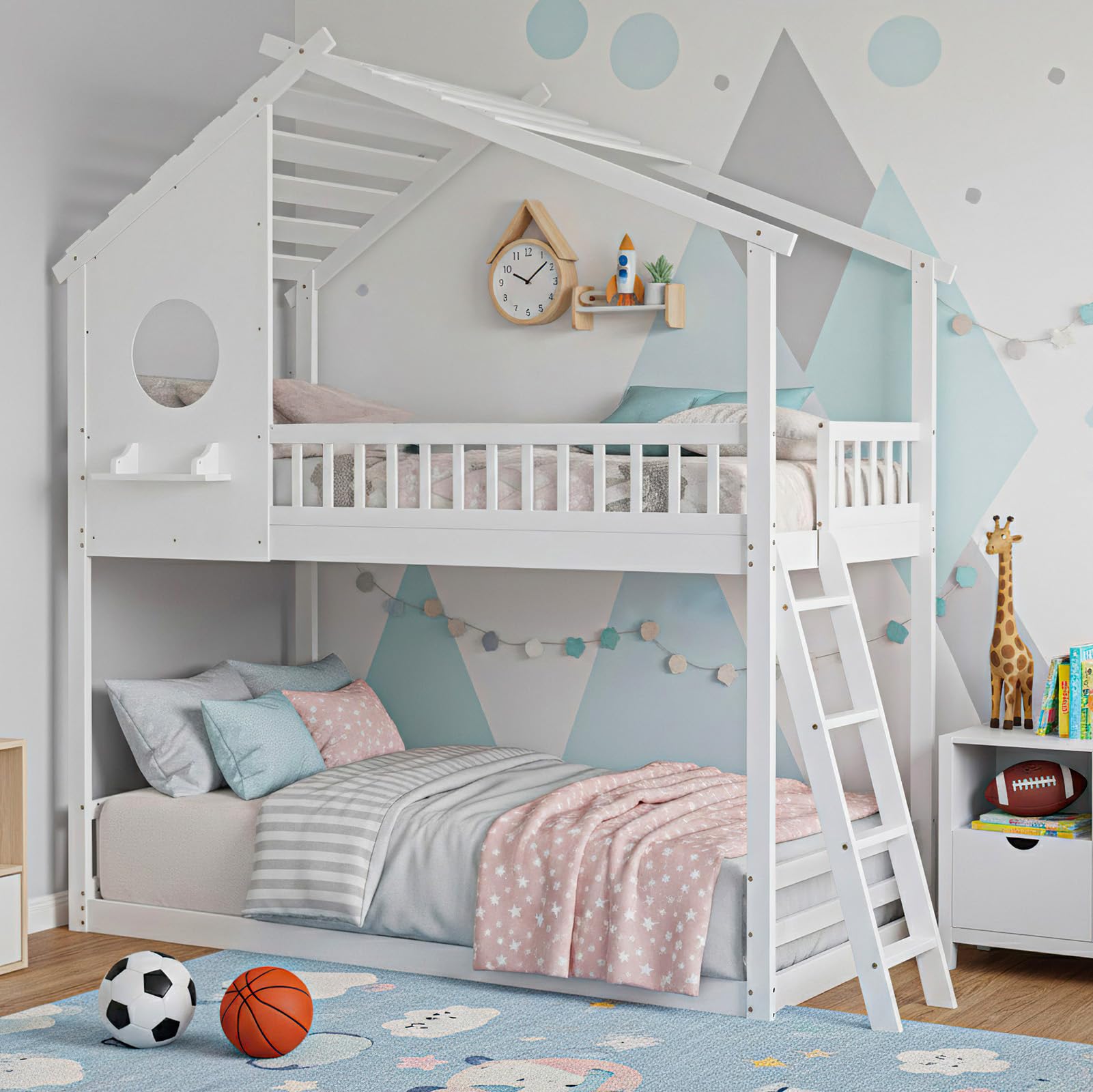 Photo 1 of **sold as is no refund/return**
DUMOS Wood Twin Over Twin House Bunk Bed, Loft Bed with Ladder, Safety Guardrail, Wooden Slats & Window, Kids Twin Bed Frame for Teens Juniors, Freely Decorative House Roof