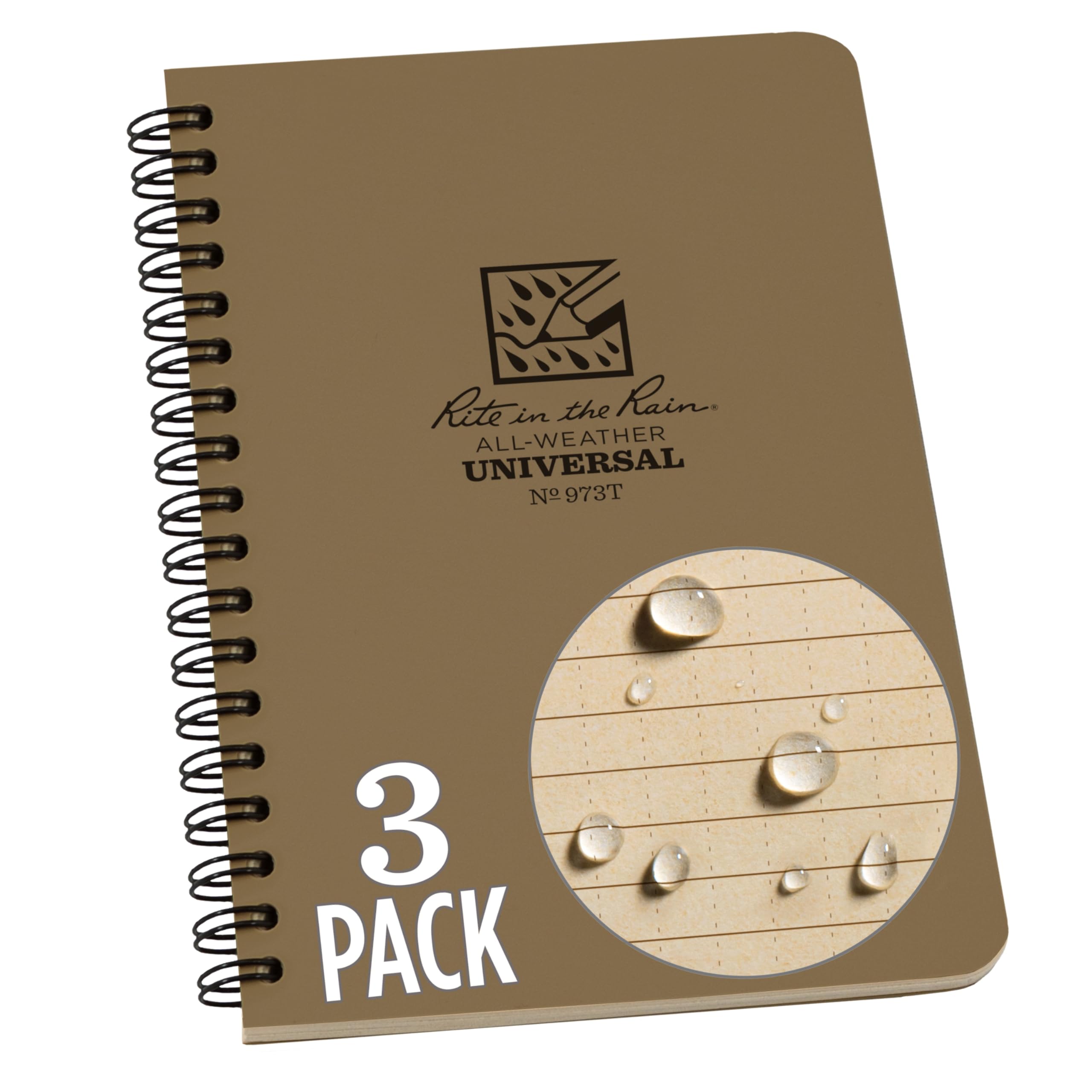 Rite in the Rain Weatherproof Side Spiral Notebook, 4.625" x 7", Tan Cover, Universal Pattern, 3 Pack (No. 973TL3)