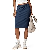 ODODOS Women's Back Split Knee Length Skirt - Cotton French Terry Drawstring Tie High Waist Casual Skirts with Pockets