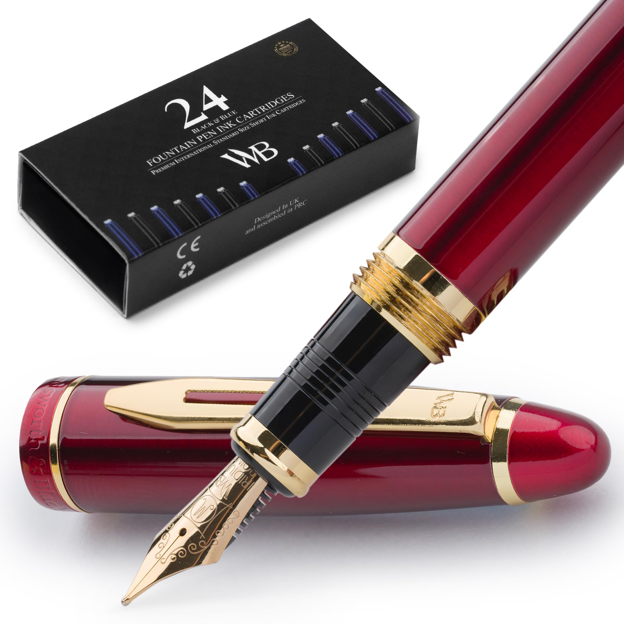 Wordsworth & Black Majesti Fountain Pen-(Red), Luxury Case, 24K Gold Finish; 18K Gilded Medium Nib- Ink Cartridges, Refillable Ink Converter-Calligraphy Pen-Best Business Gift Set for Men & Women