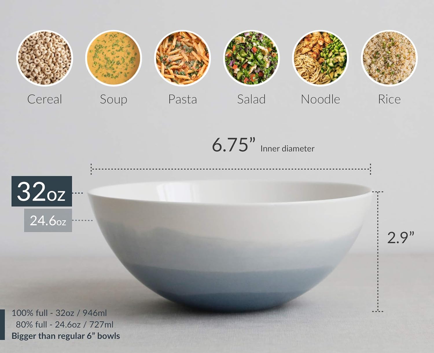  | Luna 4PC 6.75", 32 ounces Glacial Porcelain Bowls | Microwave safe bowl l Cereal bowls | Pasta bowl | Large soup bowl | ceramic bowl | Kitchen bowls | salad bowl set: Soup Bowls