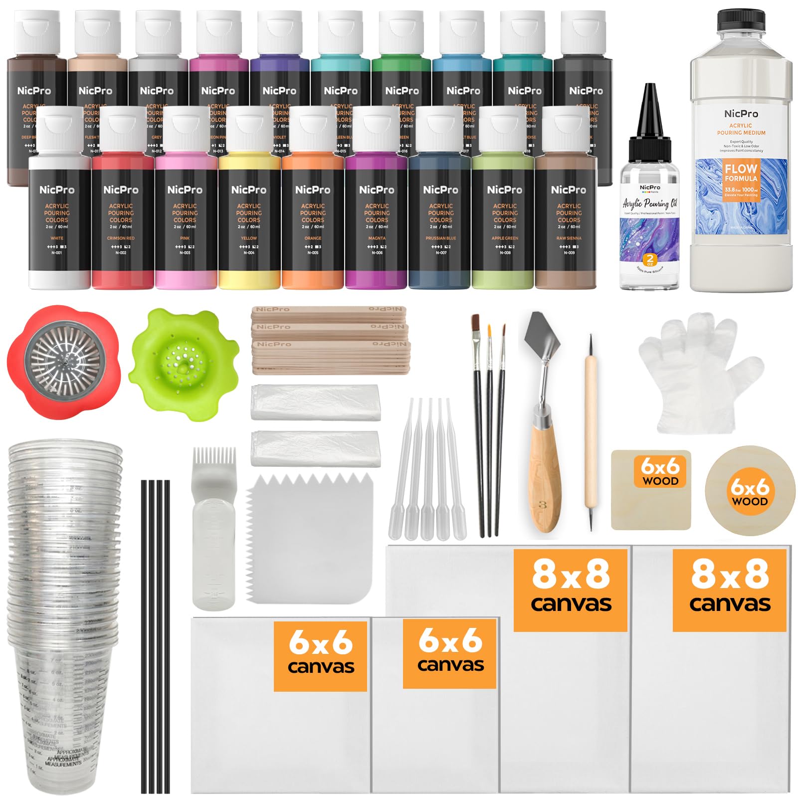 Nicpro Acrylic Pour Kit, Artist Starter Supplies Including 19 Colors Acrylic Paints, Pouring Medium, Silicone Oil, Canvases, Gloves, Strainers, Brushes, Mixing Stick for Flow DIY Painting