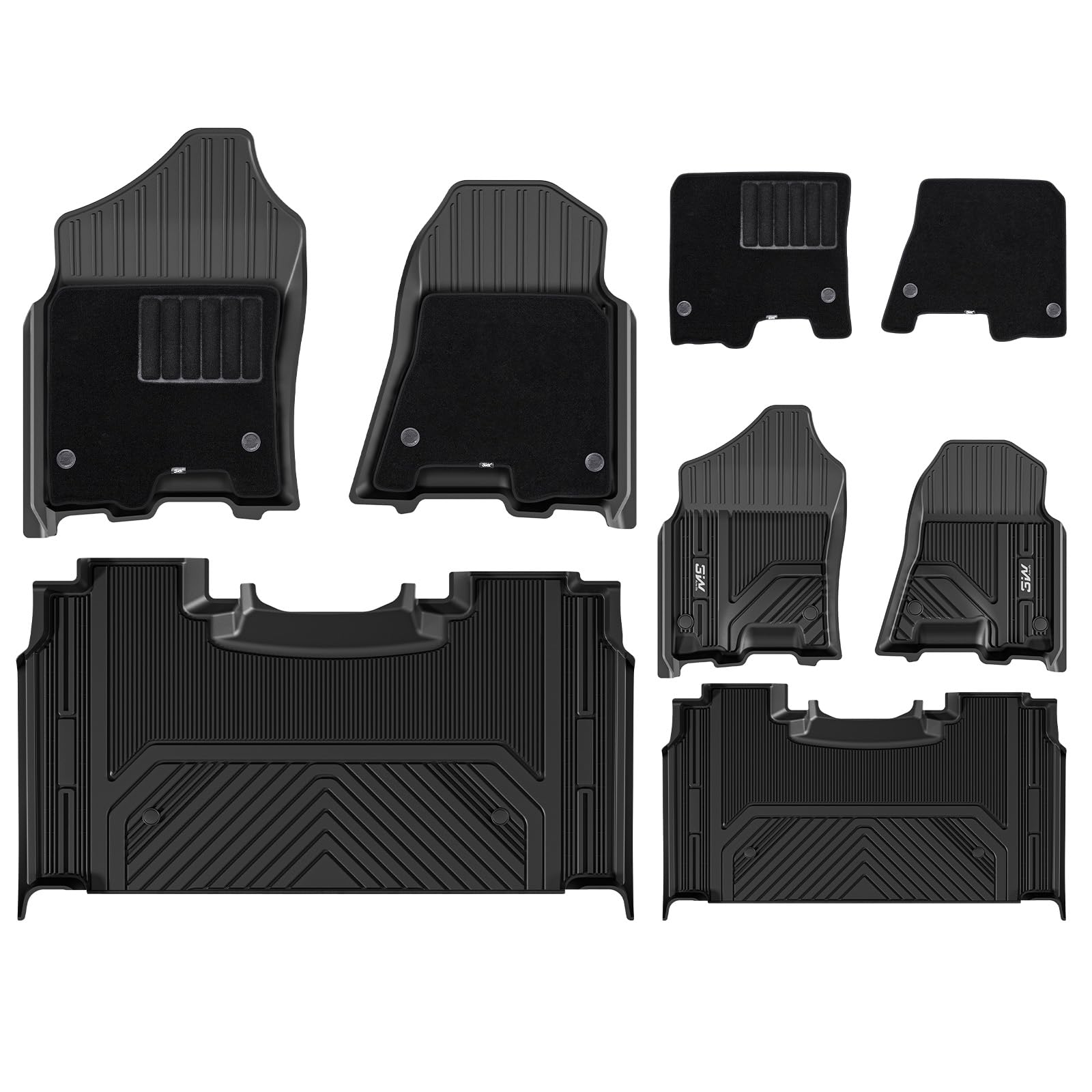3W Floor Mats & Front Carpet Top for Dodge Ram 1500 2019-2024 (New Body Crew Cab/Without Storage) 1st & 2nd Row TPE All Weather Floor Liners, Not for Classic Models Image