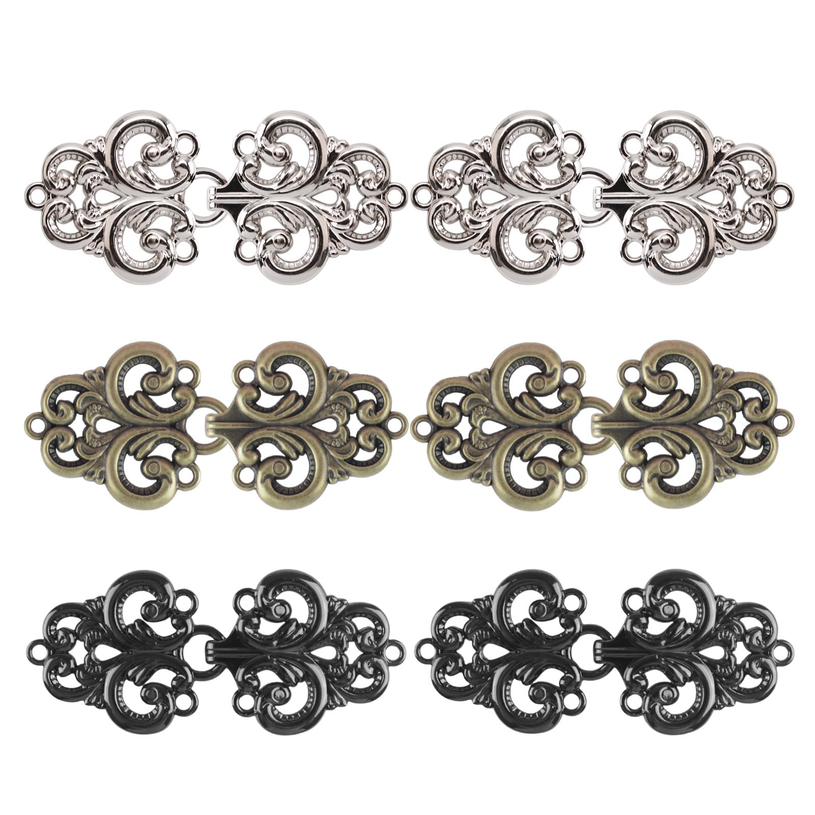 WANDIC Cloak Clasp Fasteners, 2 Pairs of Swirl Flower Cape Fasteners Sew On Hooks and Eyes Cardigan Clips, Antique