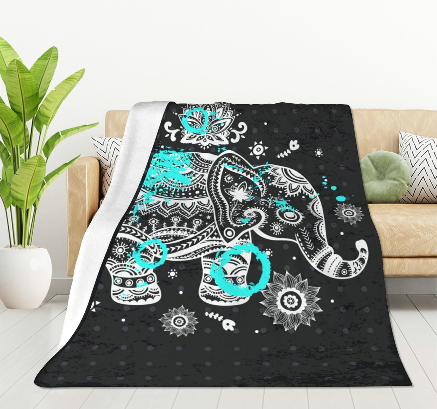 HGOD DESIGNS Animal Elephant Fleece Throw Blanket, 100x130cm Lotus Ethnic Elephant Plush Blanket for Women & Men