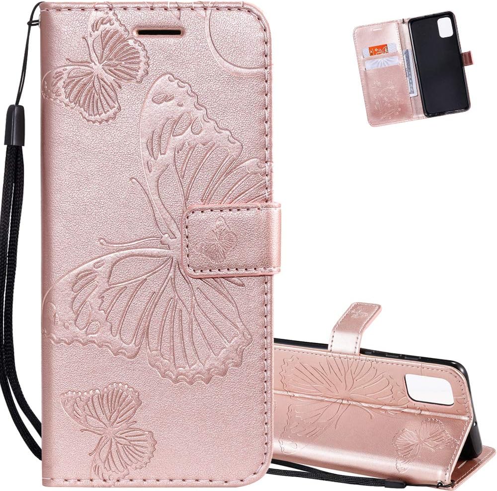 EMAXELER Samsung Galaxy A71 Case Shockproof PU Leather Retro 3D Butterfly Embossed Wallet Flip Case Magnetic Stand with Card Slot Folio Cover for Samsung Galaxy A71 Butterfly Rose Gold KT