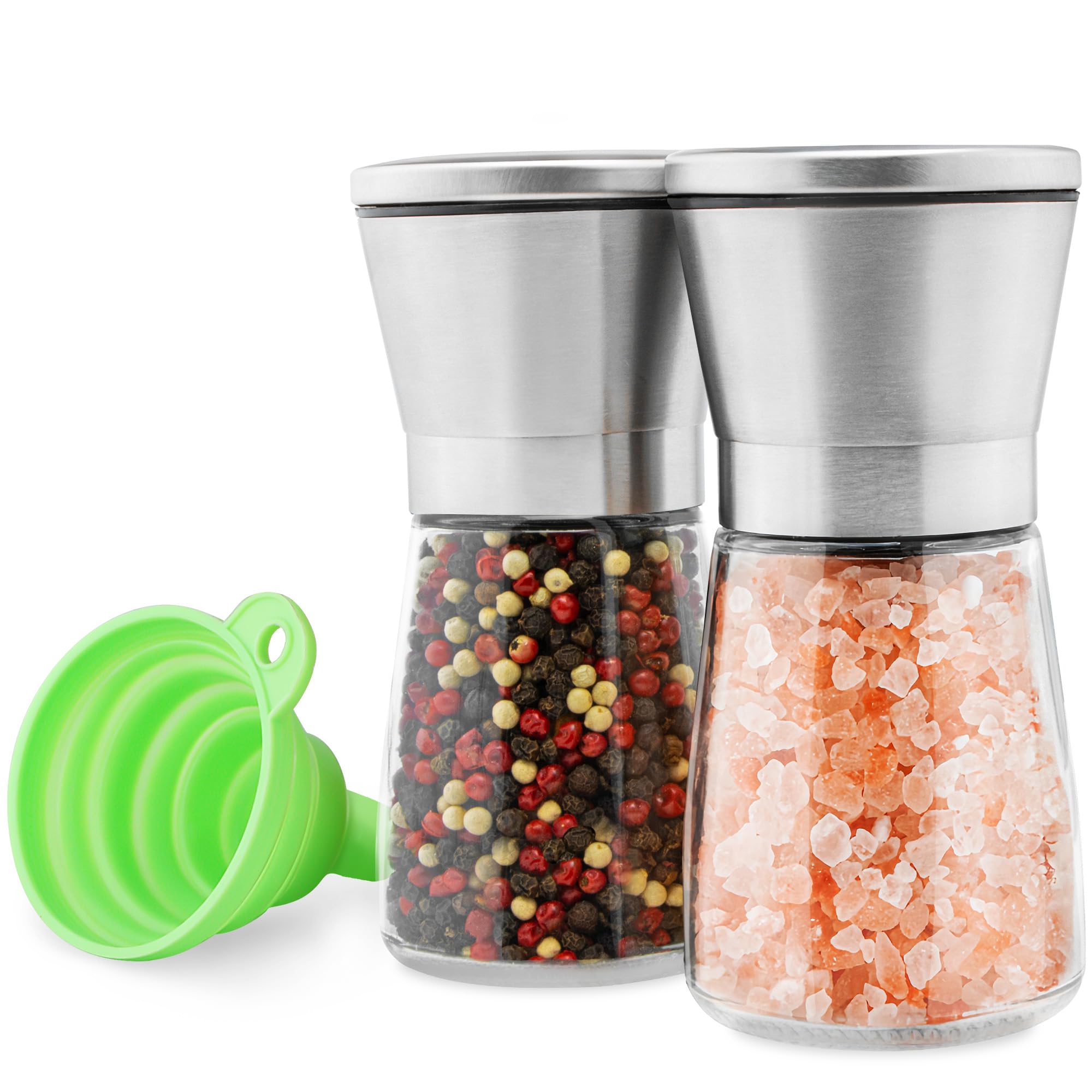 M JINGMEI and Pepper Grinder Set - Manual Mill Grinders for Kitchen - Glass and Stainless Steel Spice Mills with Adjustable Coarseness - Easy to Use and Fill - Large Capacity