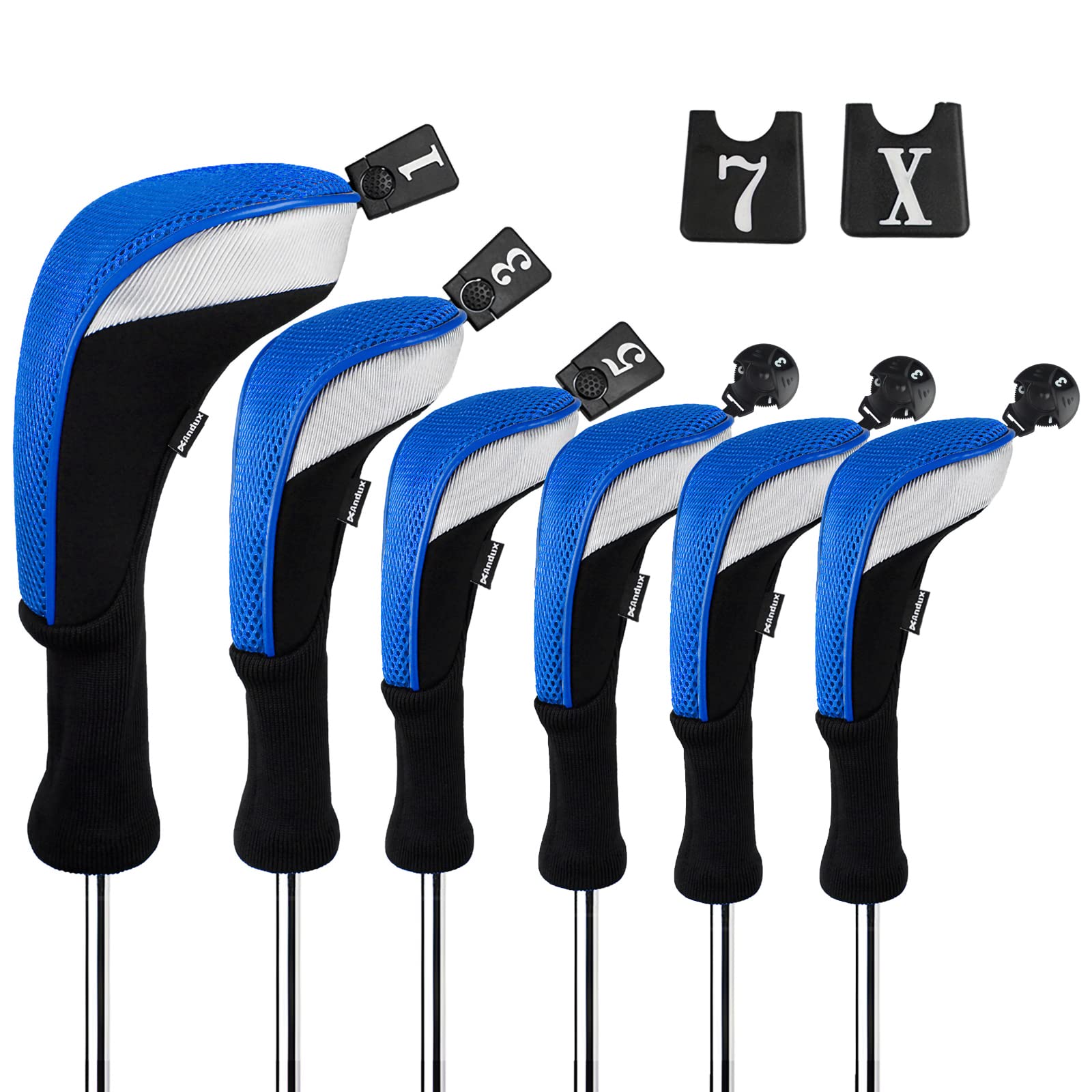 Andux 6pcs/Set Golf Club Head Covers Woods Driver Fairway Hybrid Set Long Neck (3 Hybrid + 3 Woods) Black/Blue