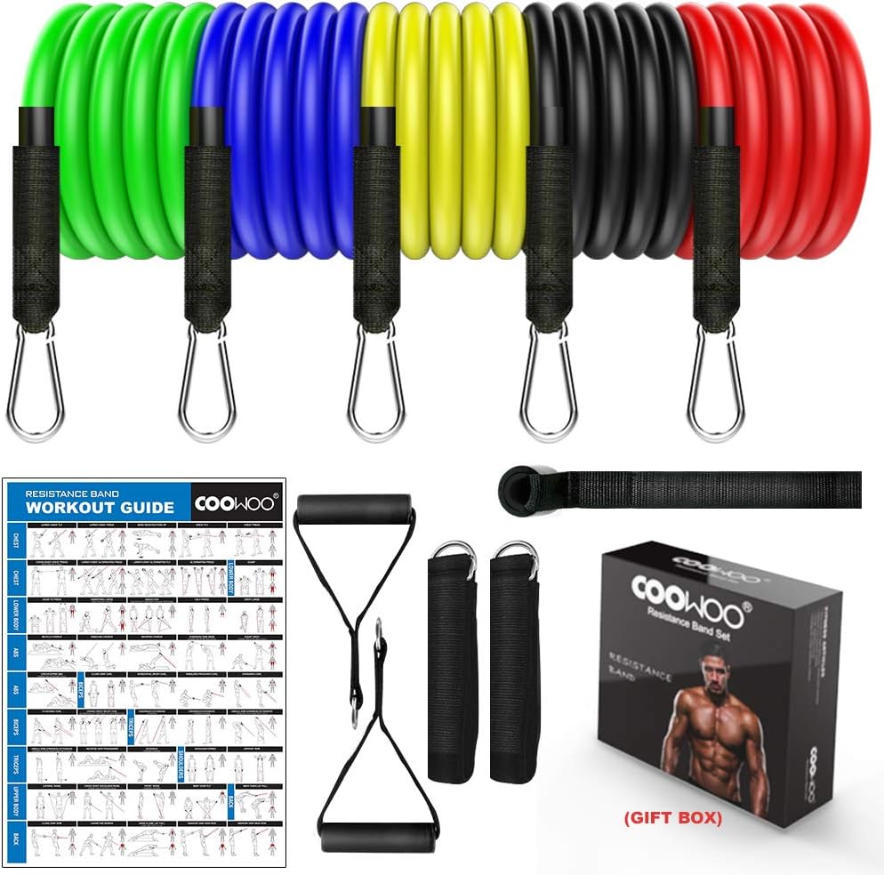 COOWOO Resistance Bands Set, Exercise Bands with Door Anchor, Handles, Waterproof Carry Bag, Legs Ankle Straps for Resistance Training, Physical Therapy, Home Workouts