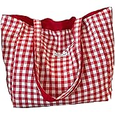 Tarvione Gingham Tote Bag Large Capacity Women's Plaid Shoulder Bags Lightweight Canvas Gingham Tote Handbag for Travel