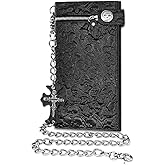Girinme Long Chain Wallet Leather Skull Gothic Punk Bifold Halloween Goth Accessories,Unisex - Midnight Black