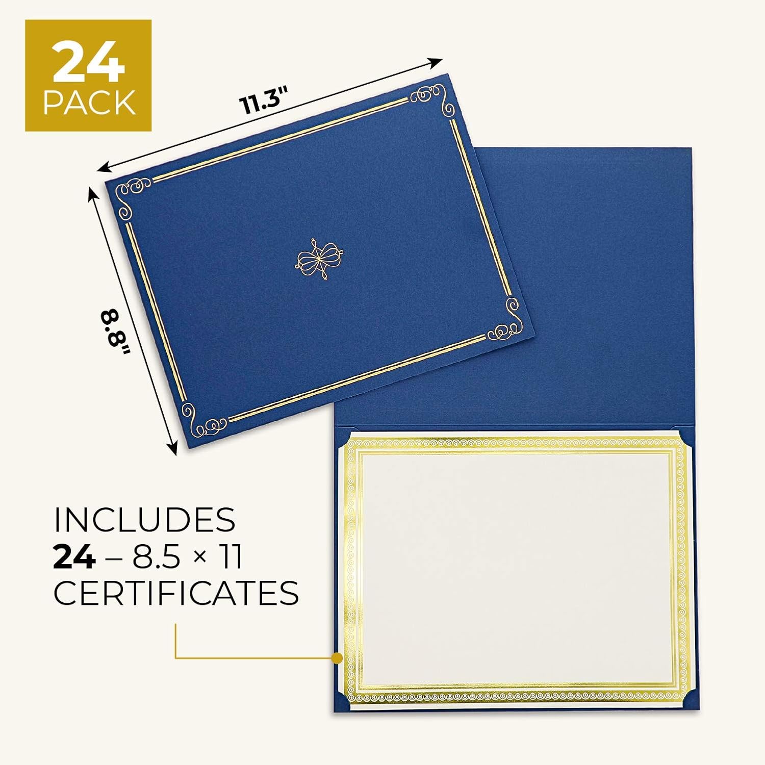 Pipilo Press 24-Pack Gold Foil Certificate Border Paper and Blue Holders Set (8.5 x 11 Inches) : Office Products