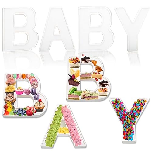 4pcs The Letters Baby Wooden Charcuterie Board, 12 Inch Larger Baby Shower Food Trays, Fillable The Letters Shaped Serving Platter for Food Snack Dessert, Perfect for Gender Reveal Party