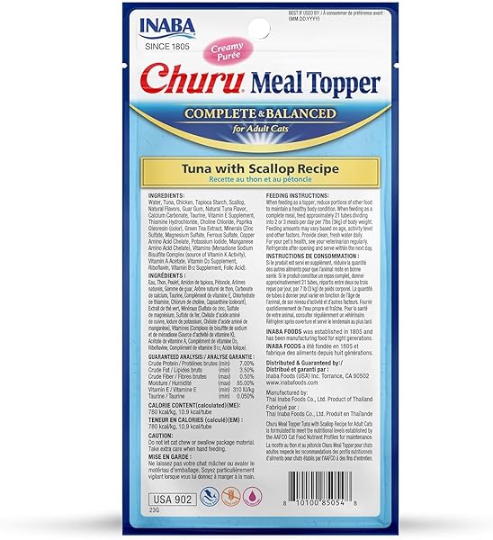 INABA CHURU MEAL TOPPER FOR CATS, COMPLETE & BALANCED, CREAMY, LICKABLE PURÉE CAT FOOD TOPPER, 0.5 OUNCE TUBE, 4 TUBES (4 PER PACK), TUNA WITH SCALLOP RECIPE