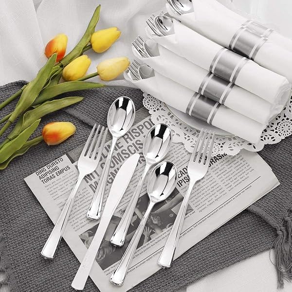 JOYIDO 100PACK WRAPPED SILVER PLASTIC SILVERWARE SETS – HEAVY DUTY PLASTIC SILVERWARE INCLUDE PRE ROLLED DISPOSABLE UTENSILS WITH NAPKINS FOR PARTIES & DINNERS & WEDDINGS