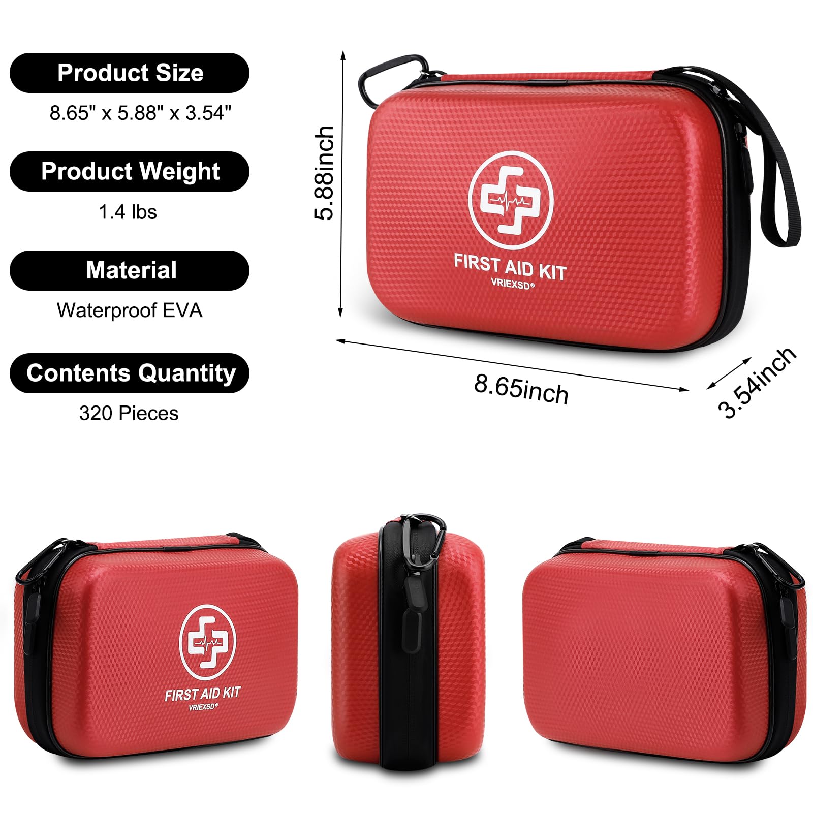 Premium First Aid Kit, 320 Piece Waterproof Hard Shell Eva First Aid Kit for Home, Camping, Cars, Hiking, Travel, Businesses & Outdoor Emergencies - Emergency Medical Kits (Red)