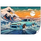 QEOPGNE R33 Great Wave Japanese Car Jdm Ocean Sunset Car Posters & Prints Car Canvas Wall Art Living Room Decor for Men Aesthetic Paintings Pictures Wall Decor Framed Unframed 12x18inch(30x45cm)
