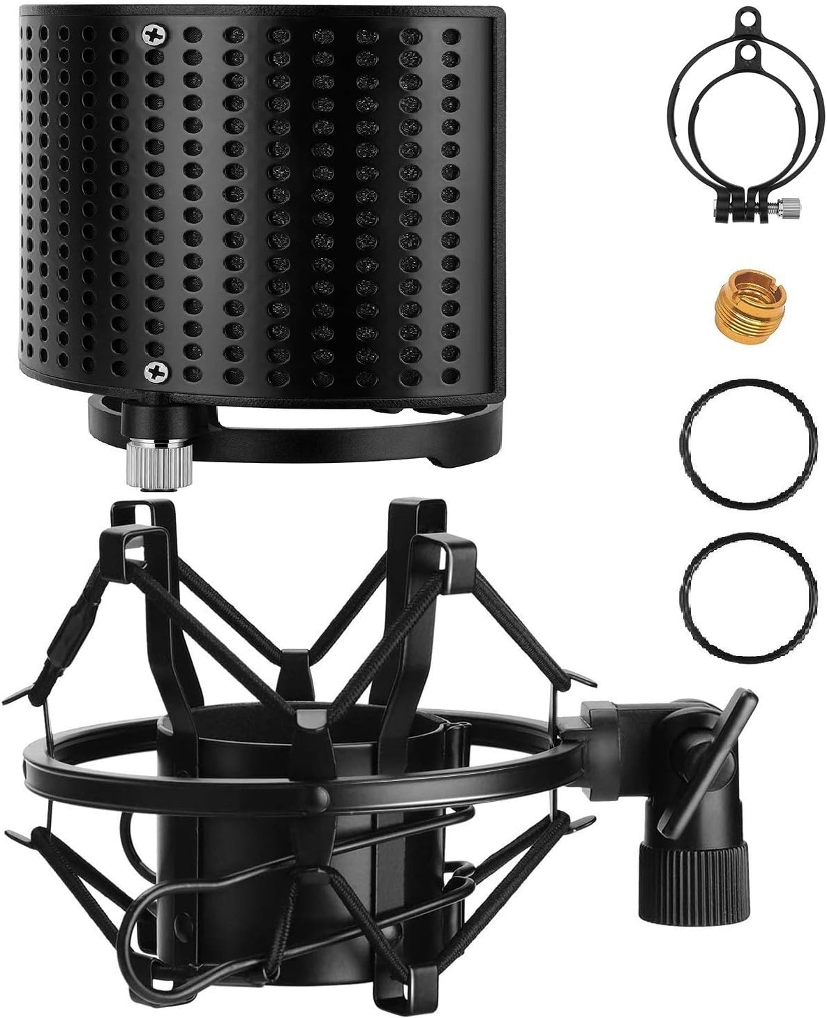 Moukey Microphone Shock Mount with Metal Pop Filter, Compatible with 49mm-54mm Diameter Mic AT2020 /AT2020USB Except Blue Yeti, Anti-Vibration Suspension Shock Mount with Screw Adapter: Musical Instruments