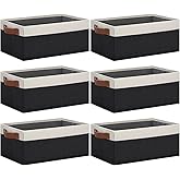 GhvyenntteS Storage Baskets for Organizing, Fabric Storage Bins with Leather H⩽, Foldable Rectangular Storage Baskets for Shelves, Closets, Home, Office(Black/White, 6 Pack)11.8X7.9X5.1 in