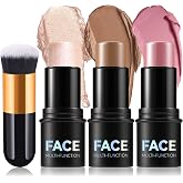 3Pcs Cream Contour Stick Makeup Kit with Makeup Brush,Shades with Highlighter,Brush Stick,Cream Bronzer for Sculpt the Cheeks,Long-lasting Waterproof Lightweight Contour Set