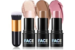 3Pcs Cream Contour Stick Makeup Kit with Makeup Brush,Shades with Highlighter,Cream Brush,Bronzer Stick for Sculpt the Cheeks