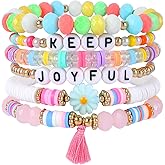 IDEAJOY Inspirational Clay Bead Bracelets for Women Preppy Surfer Heishi Bracelets Set Macaron Color Stackable Bracelets Colorful Elastic Layering Friendship Bracelets Boho Jewelry Gift for Teen