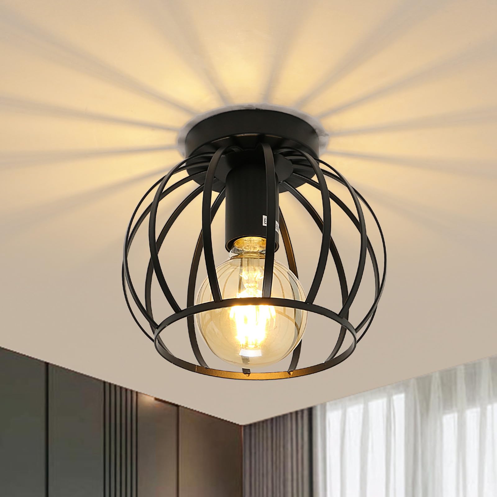 Pheashine Vintage Ceiling Light Semi Flush Mount Black Ceiling Light Fixture Metal Cage Pendant Ceiling Lampshade with E27 Holder for Living Room Kitchen Bedroom Hallway