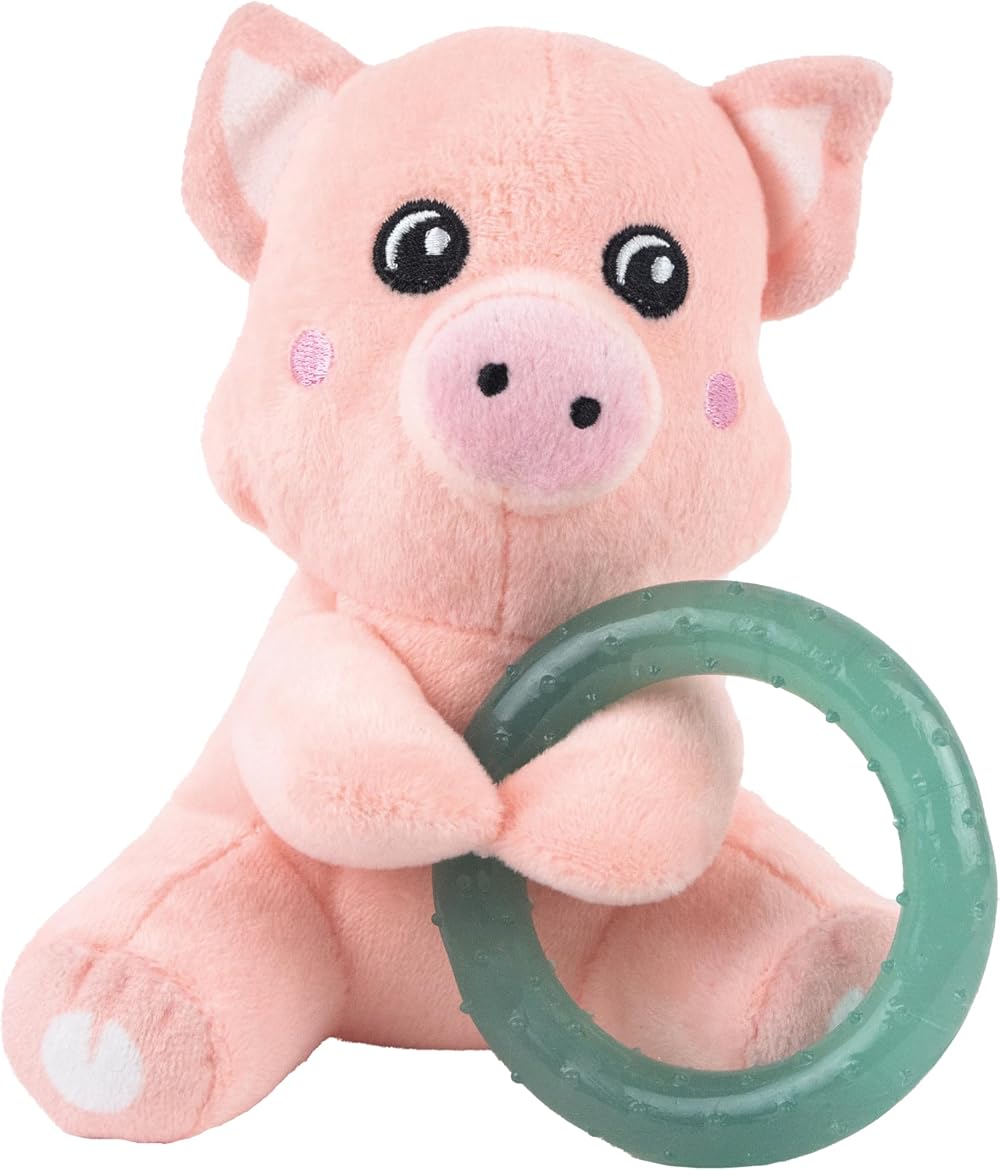 Webbox Pinky the Pig Plush Squeaky Dog Toy with Teething Ring