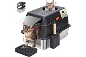 BEST JAJA Stainless Steel Litter Box with Lid, SUS304 Metal Cat Litter Box, Enclosed Extra Large Kitty Litter Box High Wall, Jumbo Cat Litter Box with Triple Pedal, Non-Sticky, Anti-Leakage (XL Black)