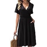 HEBELD Womens Midi Floral Dress - Short Sleeve Wrap V-Neck Summer Dress with Smocked Waist - A-Line Spring Dress with Pockets