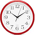 Bernhard Products Red Wall Clock Silent Non Ticking - 12 Inch Quality Quartz Battery Operated Round Easy to Read