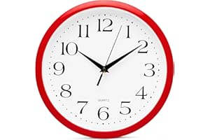 Bernhard Products Red Wall Clock Silent Non Ticking - 10 Inch Quality Quartz Battery Operated Round Easy to Read Home/Kitchen/Office/Classroom/School Clocks, Vintage Retro Red Frame Black Numbers