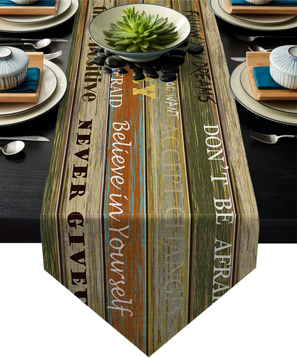 Fandim Fly Table Runner Inspirational Words on Retro Wood Grain Table Runners for Catering Events, Dinner Parties, Wedding, Indoor and Outdoor Parties, 13 x 70 Inch