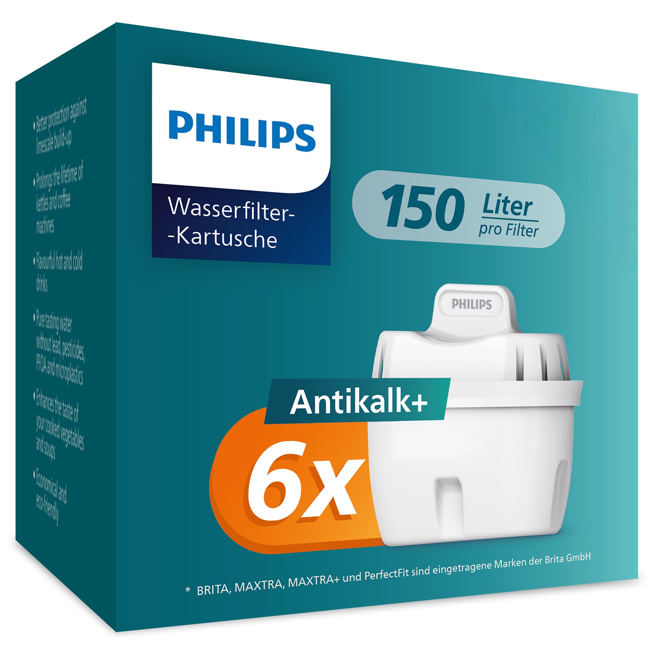 Philips Water Wasserfilter-Kartusche Antikalk+, 6er-Pack, BIS ZU 50 % WASSERHÄRTE REDUZIERUNG, Verpackung kann variieren, Kompatibel mit brita*