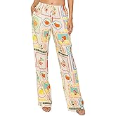 Cali1850 Women's Printed Linen Pants - 30" Inseam Drawstring Elastic Waist Casual Pull On Beach Lounge Trousers with Pockets