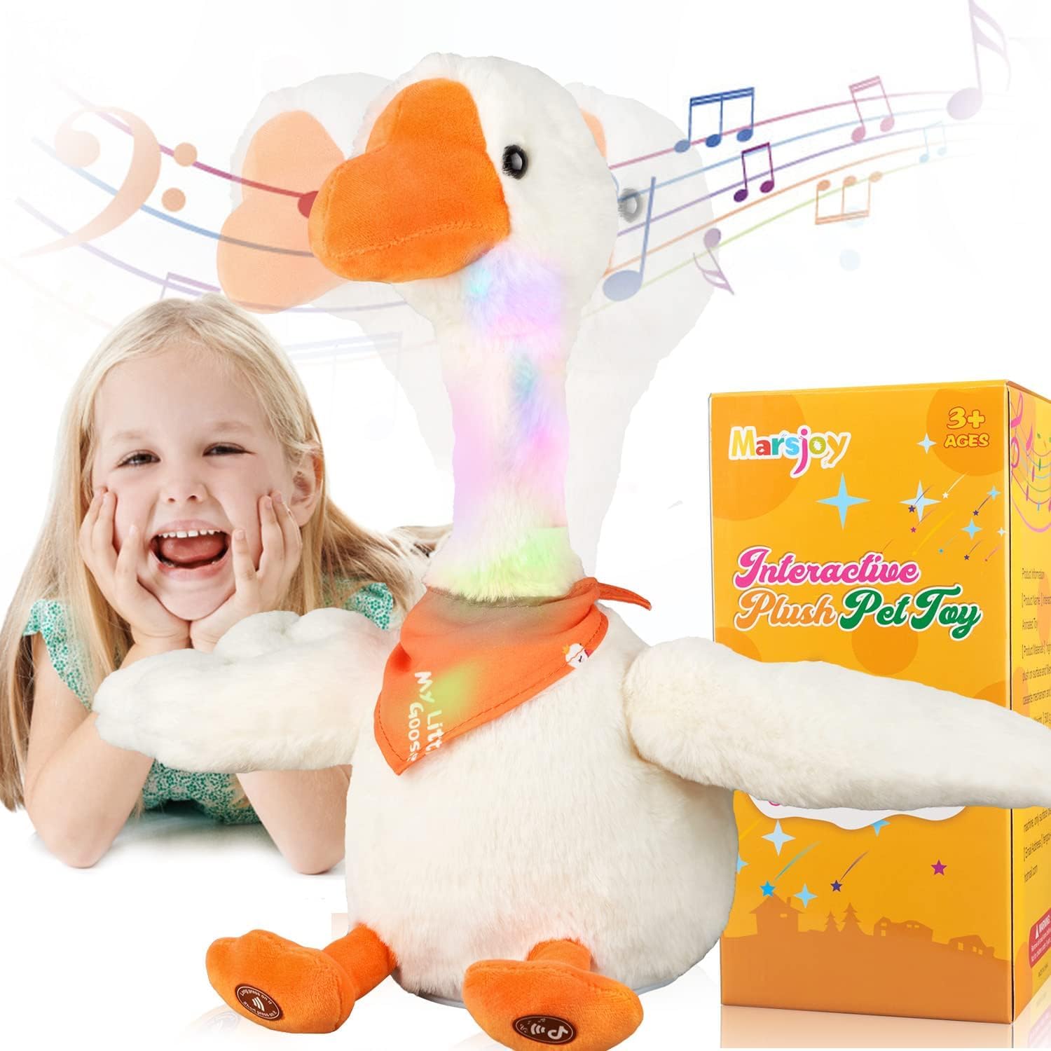 Marsjoy 13" Talking Dancing Goose, Repeating What You Say Mimicking Recording Plush Baby Toy Musical English Songs Singing Talking Glowing Animated Twisting Gift of Lighting Up Toy for Boy Kid