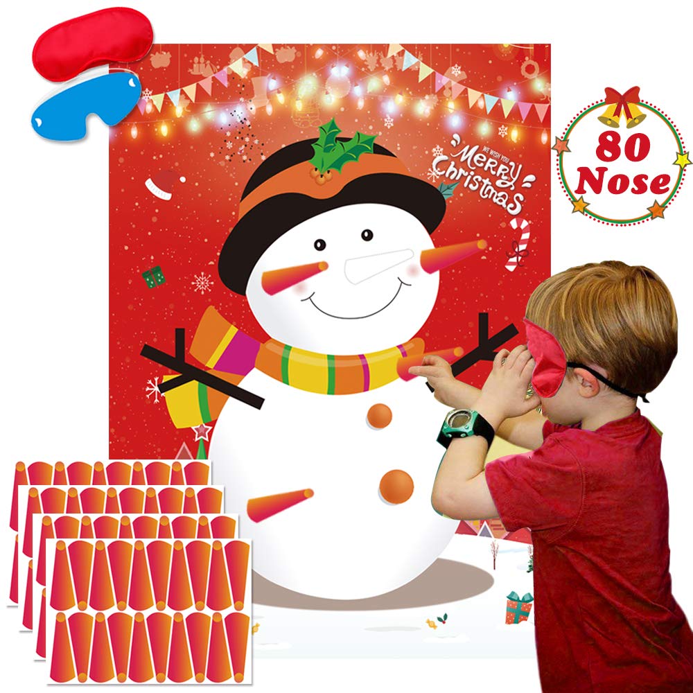Fowecelt Pin the Nose On The Snowman Christmas with 80 Nose Stickers Kids Party Games Christmas Eve Game Xmas Party Favor Supplies Holiday New Year Activities Santa Game Gifts Christmas Pin Game Red